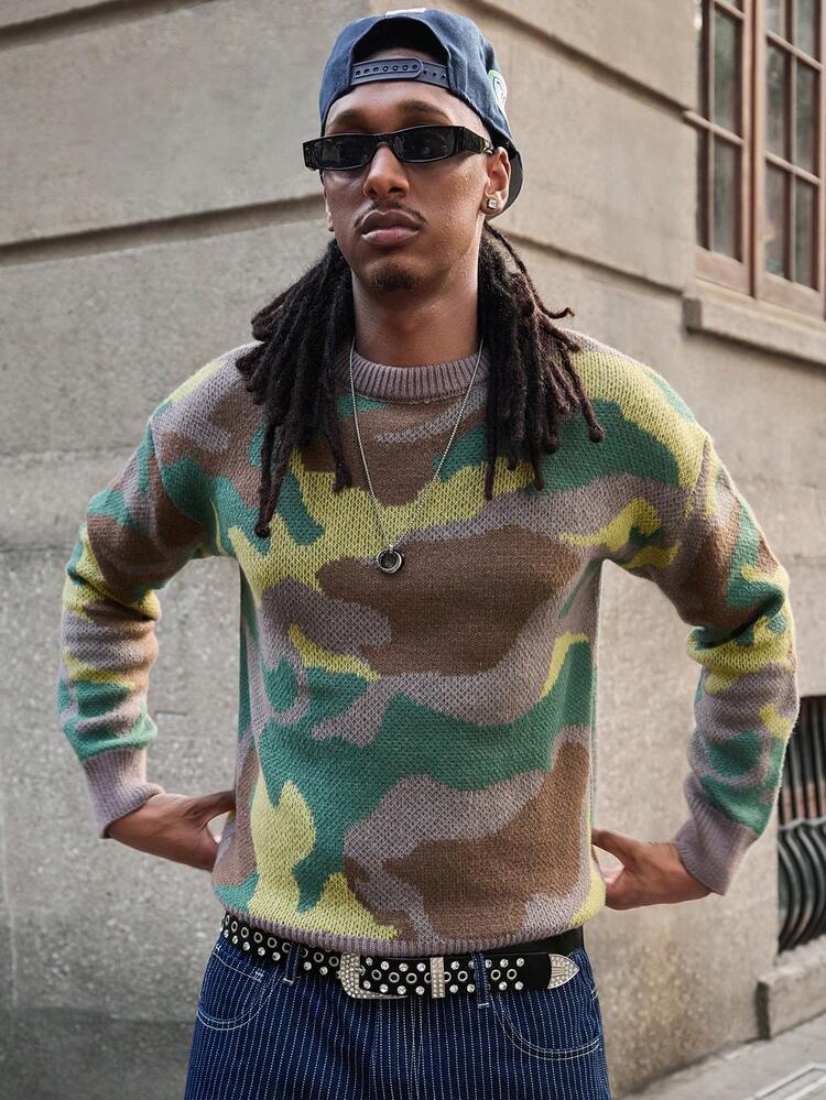 GALLERY FADE 男士休闲迷彩图案毛衣，秋冬迷彩卫衣，90年代运动风毛衣，男士复古迷彩针织套头衫，复古旗帜图案，秋冬款 - 彩色 - 查看 4