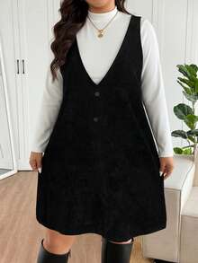 Lounesse Women Plus Size Solid Color Stand Collar Long Sleeve T-Shirt And Casual Bib Dress 2-Piece Set, Spring - Black - View 5