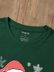 INAWLY 女士圣诞老人印花圆领休闲短袖T恤 - 墨綠色 - 查看 3