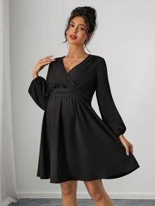 SHEIN Maternity Elegant Solid Lantern Sleeve Dress For Autumn - Black - View 4
