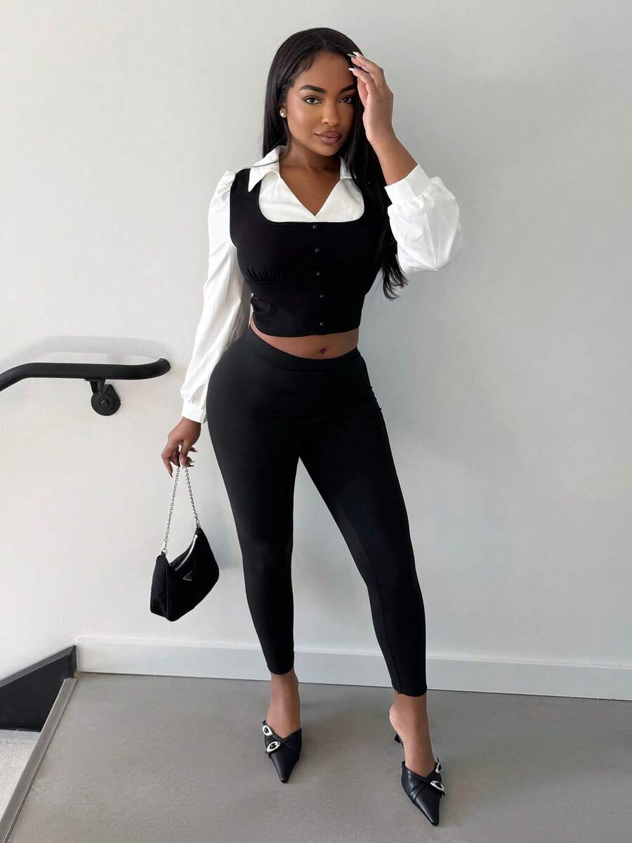 Alexandranx 纯色高腰紧身黑色紧身裤 - 黑色 - 查看 1