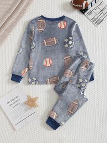 SHEIN 2pcs/Set Tween BoysAutumn/Winter Plush Thick Soft Football & Rugby Glow-In-The-Dark Pattern Casual Sports Sweatshirt And Pants Loungewear Set - Multicolor - View 2