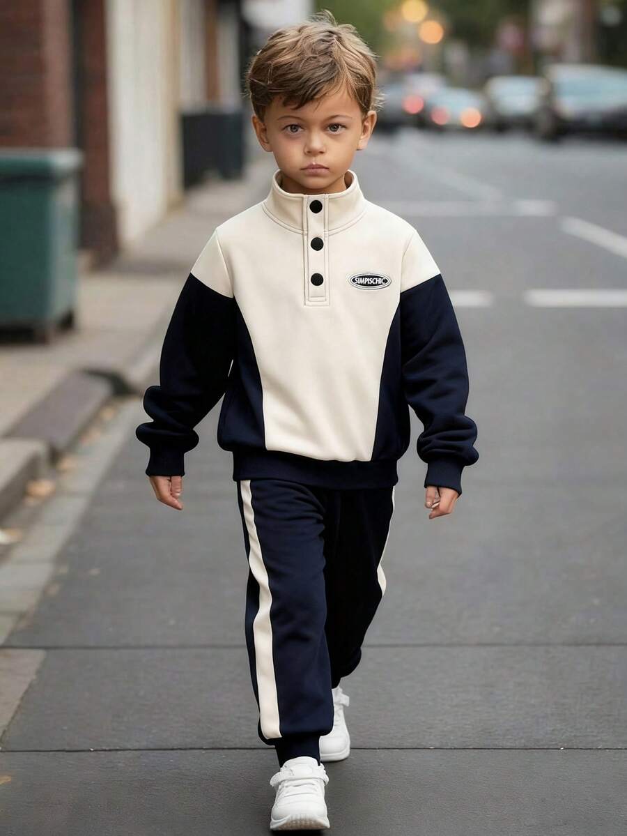 SHEIN Genkimix Kids 2pcs/Set Young Boy Fuzzy Patchwork Contrast Color Sweatshirt And Pants, Suitable For Autumn/Winter - Multicolor - View 1