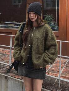 DAZY 柔软宽松圆领女式复古宽松开衫，秋冬款 - 軍綠色 - 查看 3