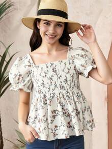 青少女泡泡袖花卉印花短袖上衣