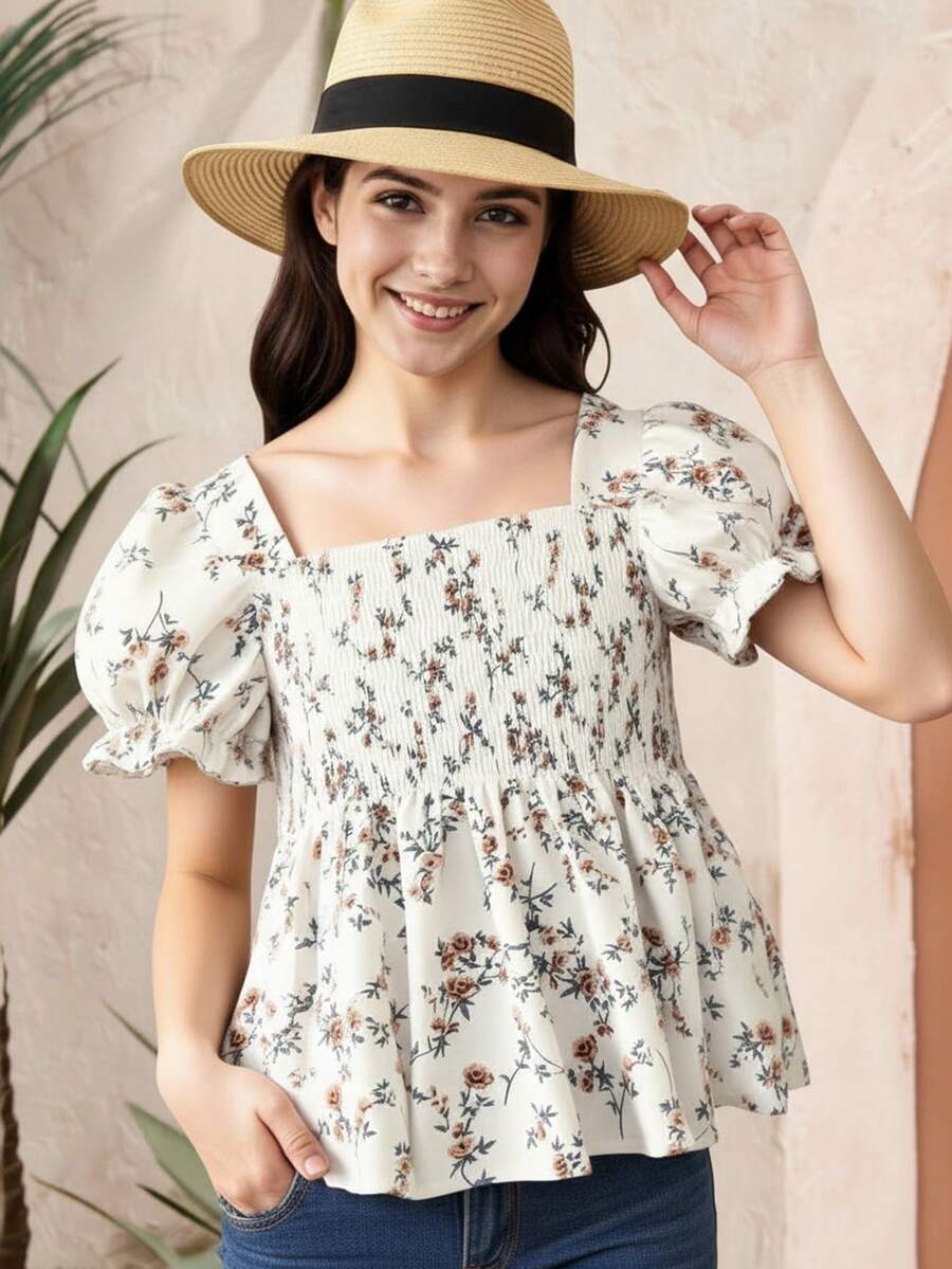 青少女泡泡袖花卉印花短袖上衣