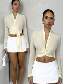 Glamine Blusa de manga larga con cuello en V profundo de unicolor y estilo minimalista, para uso diario