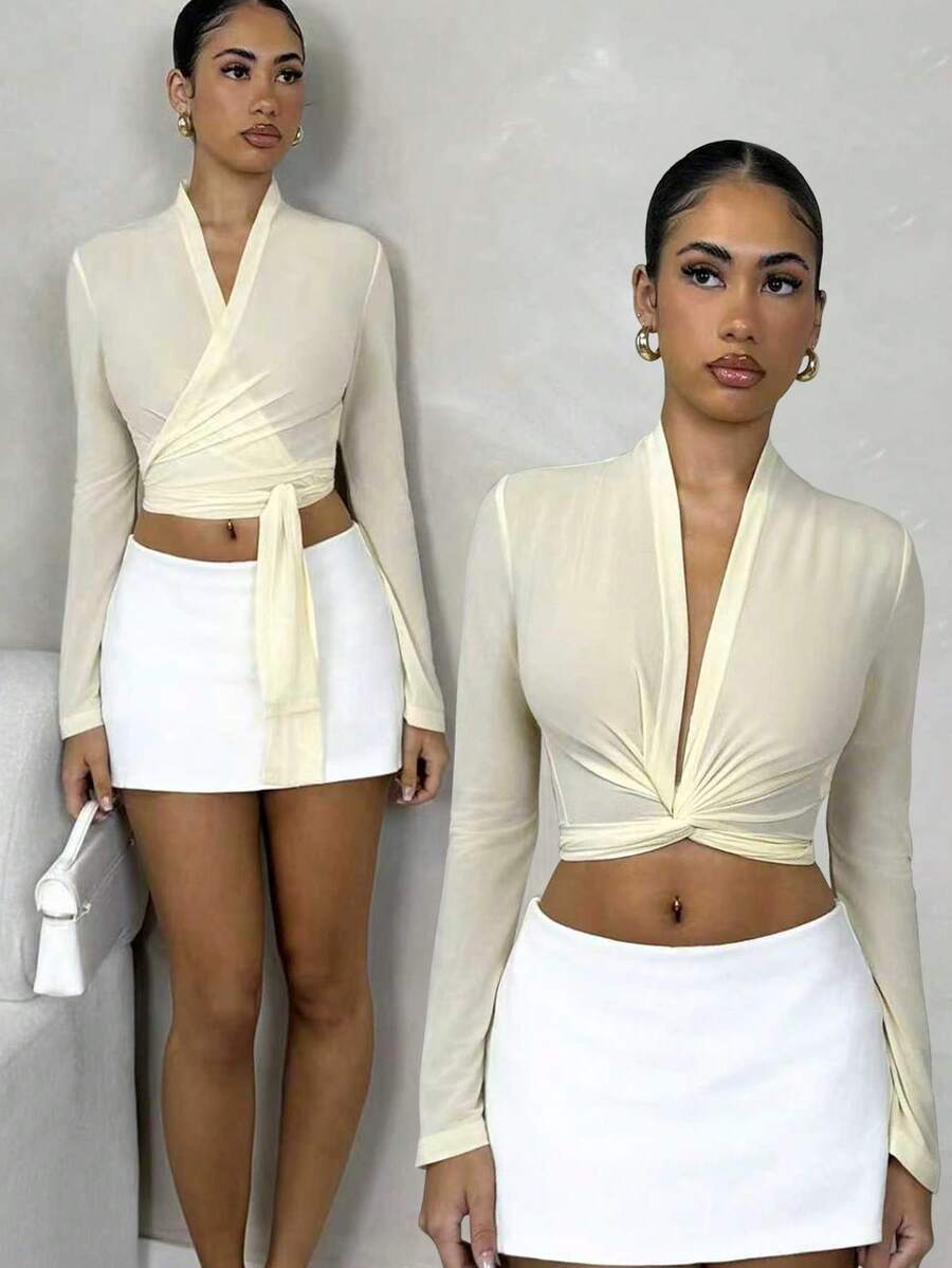 Glamine Blusa de manga larga con cuello en V profundo de unicolor y estilo minimalista, para uso diario