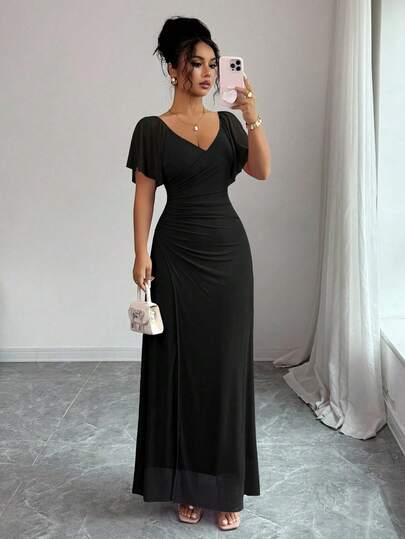 Elenzga 女士浅紫色 V 领荷叶边袖褶皱腰开叉连衣裙，优雅伴娘礼服，派对礼服，春夏