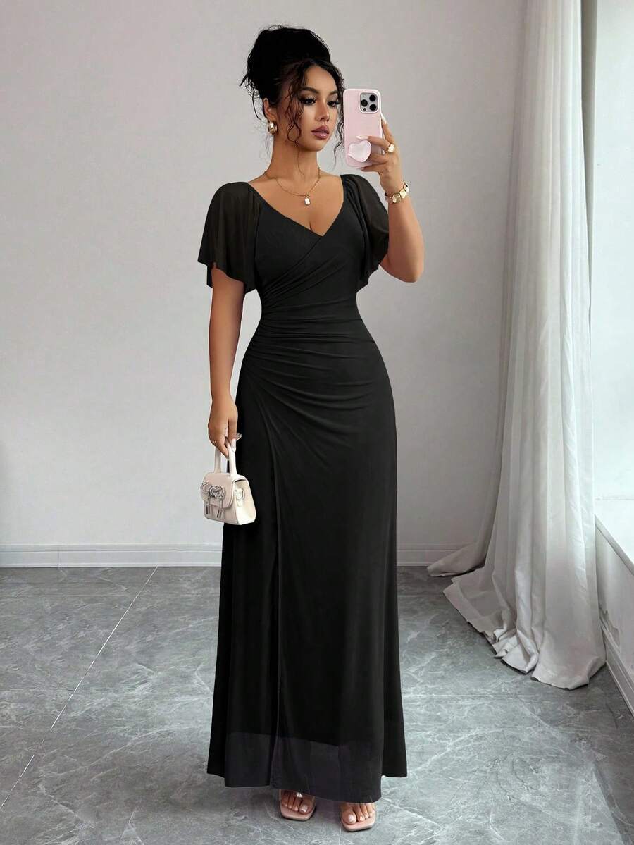 Elenzga 女士浅紫色 V 领荷叶边袖褶皱腰开叉连衣裙，优雅伴娘礼服，派对礼服，春夏 - 黑色 - 查看 1