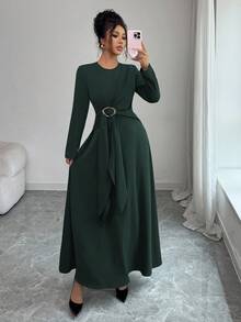 Elenzga 女士优雅纯色圆领交叉系带A字长袖连衣裙，适合休闲、通勤、度假、下午茶、圣诞派对等场合。 - 墨綠色 - 查看 3
