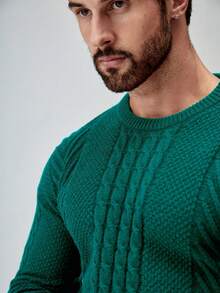 Manfinity Homme Men's Casual Cable Pattern Crew Neck Long Sleeve Sweater, Autumn/Winter - Mint Green - View 5