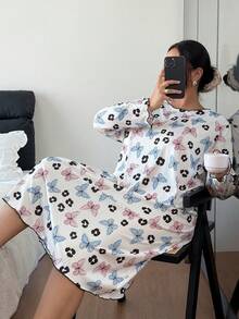 SHEIN Camisón de manga larga con volantes y estampado de mariposa para mujer talla grande, para otoño e invierno - Blanco - Ver 6