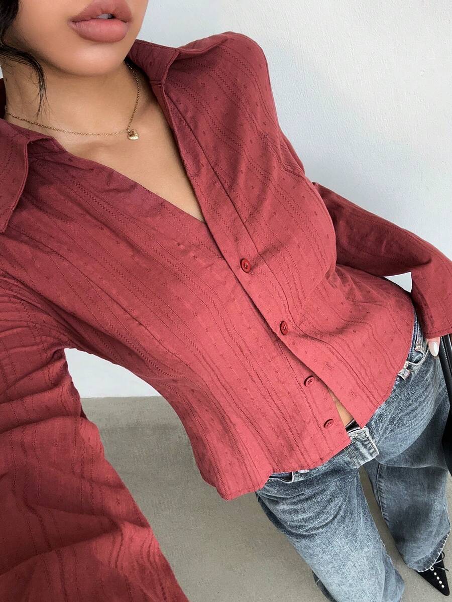 Flirla Women's Solid Color Minimalist Long Sleeve Shirt, Casual Everyday Wear - Brown - View 1