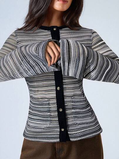 LYSMO Damen gestricktes Langarm T-Shirt mit Rundhalsausschnitt, Knopfleiste, Taschen und Streifenmuster, lässiger Stil