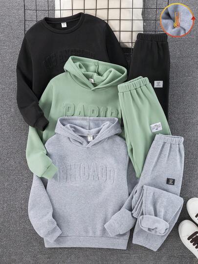 SHEIN 6 件套儿童/青少年男童休闲日常舒适字母印花连帽运动衫和宽松慢跑裤 2 件套针织服装，3 种款式