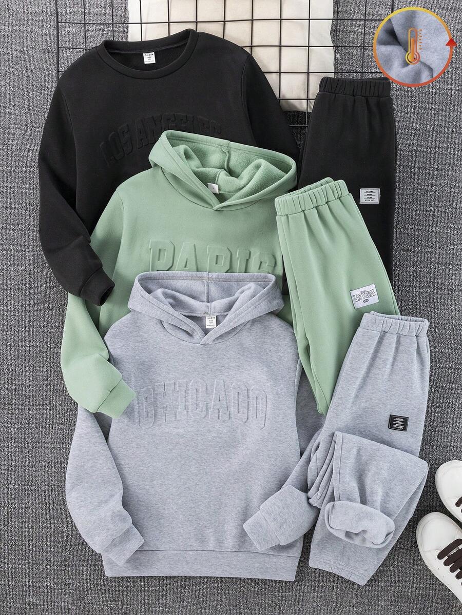 SHEIN 6 件套儿童/青少年男童休闲日常舒适字母印花连帽运动衫和宽松慢跑裤 2 件套针织服装,3 种款式 - 彩色 - 查看 1
