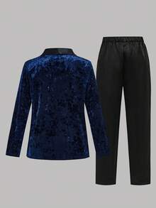 SHEIN Bộ vest 3 món Tween Boy màu xanh navy, quần đen cạp chun, áo sơ mi trắng, nơ, thích hợp cho tiệc sinh nhật, tiệc Giáng sinh, dịp trang trọng, biểu diễn, đám cưới, tiệc mừng em bé, lễ rửa tội, lễ kỷ niệm - Màu xanh lam - Xem 8