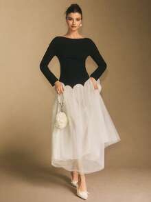 Poéselle Women's Mesh Patchwork Contrast Color Backless Elegant Long Sleeve Dress French Style Dress Women Clothing Elegant Dress Modest White Bow Back Dress Party Dress,Dresses For Women Elegant