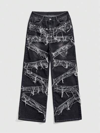 Goth Plus Size Women Grunge-Punk Casual Fashion Street Style Rivet Frayed Washed Denim Jeans, Autumn/Winter