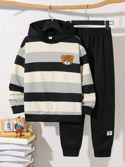 SHEIN 青少年男孩休闲宽松舒适百搭可爱毛绒熊图案条纹连帽衫和裤子套装，适合秋冬季