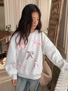 DAZY Sudadera de felpa de cuello redondo con lazo y diseño estampado para niñas preadolescentes, otoño - Gris - Ver 5