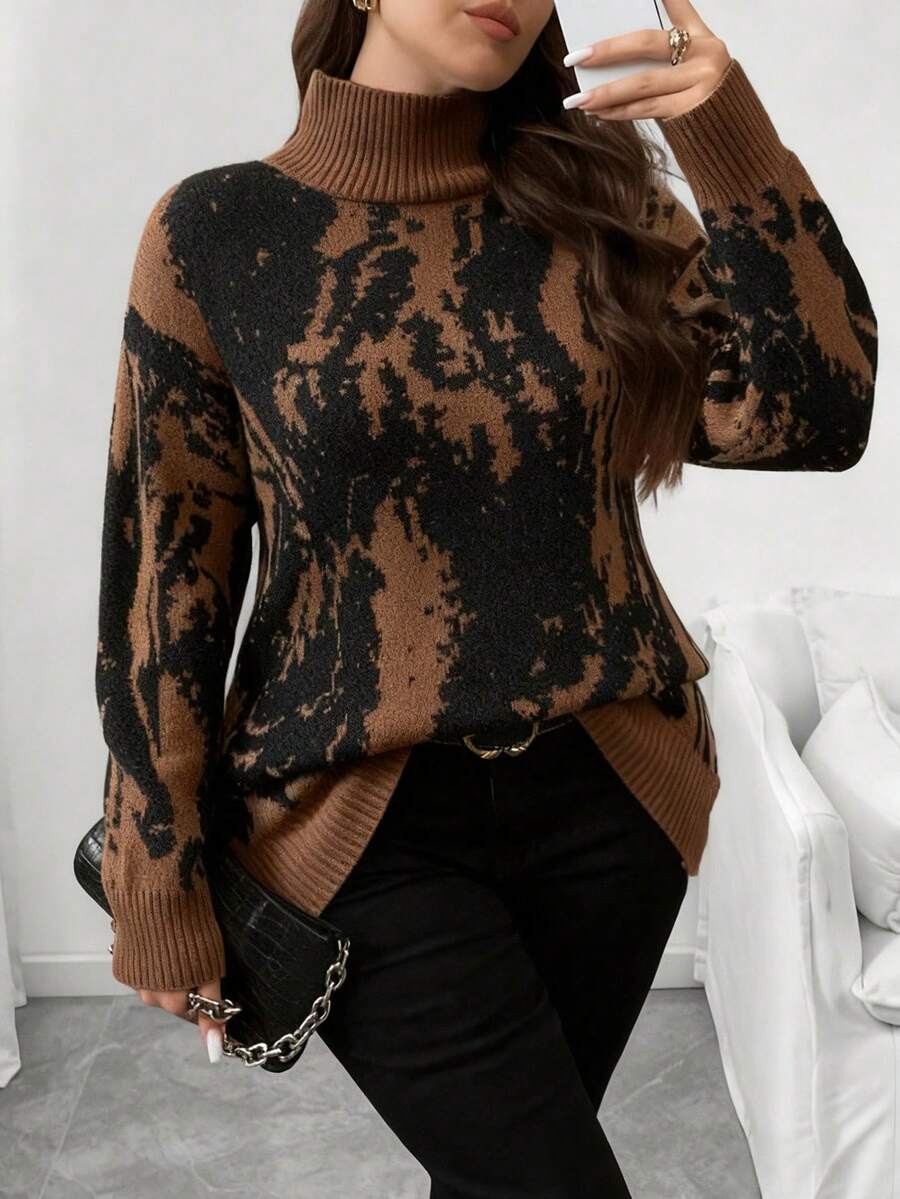 Vionelle 大码女式拼色高领落肩长袖休闲套头毛衣,秋冬 - 咖啡棕 - 查看 1