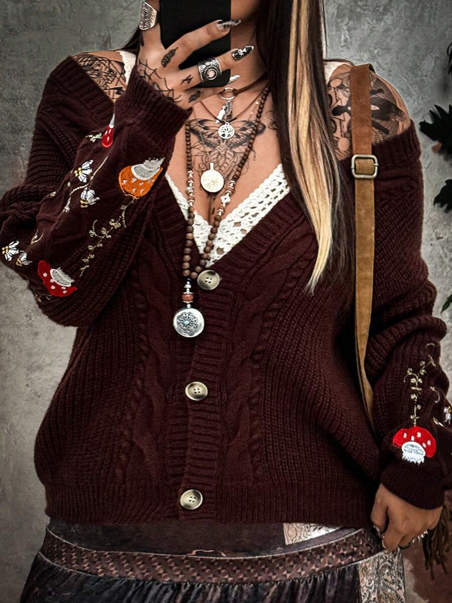 Whyspr Grunge Punk Cottage Plus Size Women Cable Knit Cardigan Sweater With Embroidered Cuffs, Autumn/Winter - Brown - View 1
