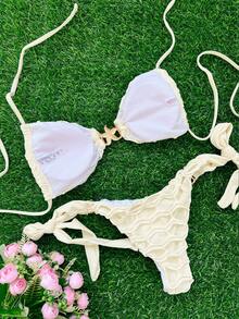 Selianne Bộ 2 món đồ bơi đi biển mùa hè cho nữ, áo hở lưng gợi cảm và quần bikini buộc dây dễ thương, đồ bơi trơn màu trang trí kim loại - Màu be - Xem 2