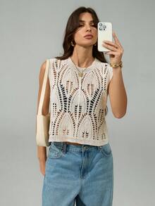 SHEIN Tall 女士纯色圆领无袖镂空针织上衣，秋季款 - 米色 - 查看 7
