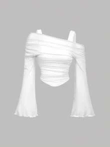 SHEIN MOD 2pcs/Set White And Black Asymmetric-Shoulder Bell Sleeve T-Shirts - Black and White - View 7