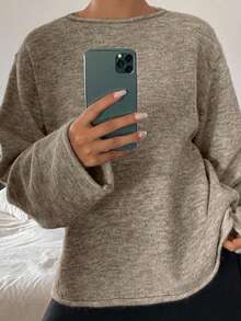 Livesso Women's Casual Loose Fit Drop Shoulder Long Sleeve Sweater, Autumn/Winter - Khaki - View 1