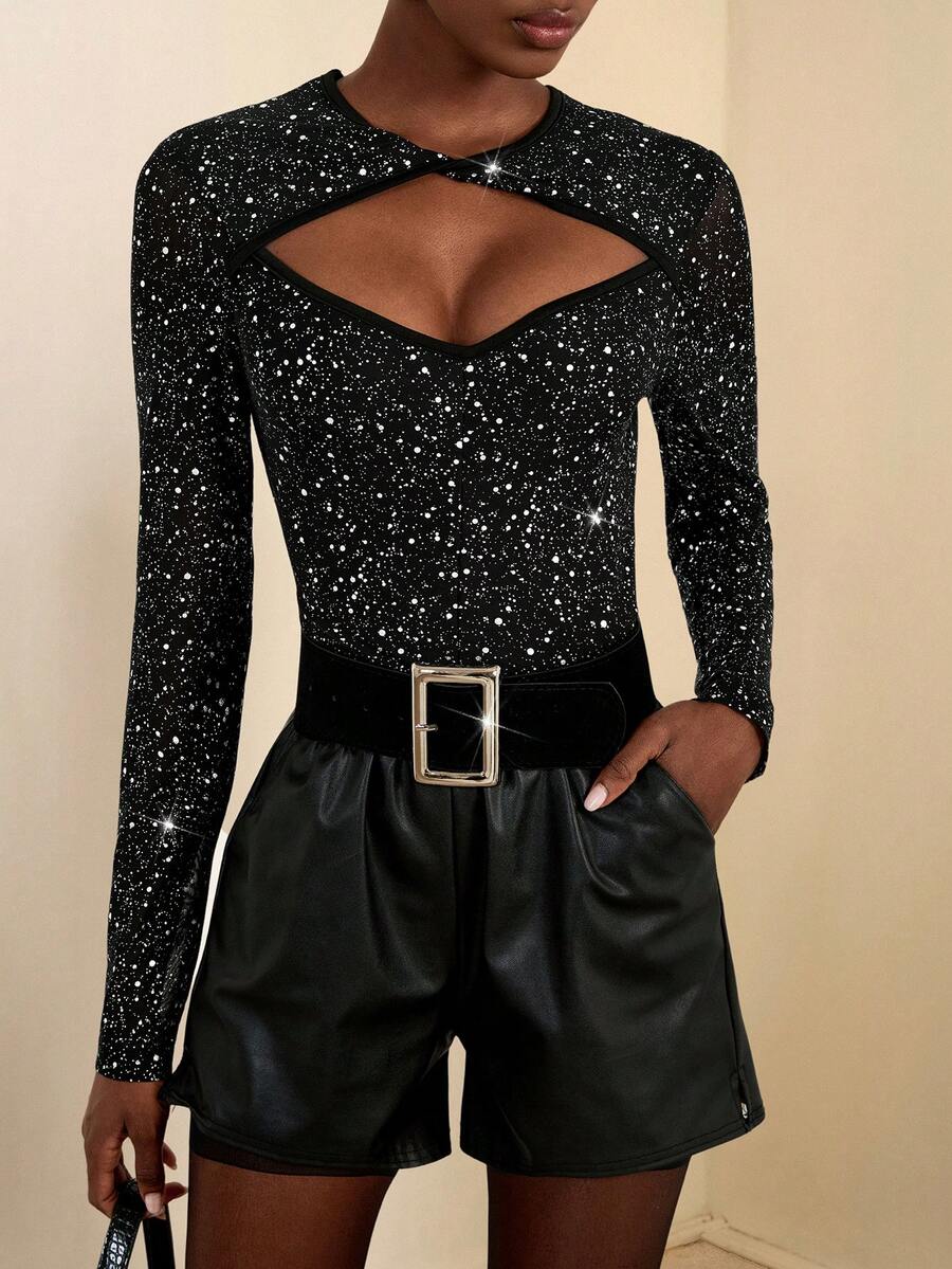 Lyxana Twist Knot Sequin Patchwork Hollow Out Fitted Sexy Long Sleeve T-Shirt - Black - View 1