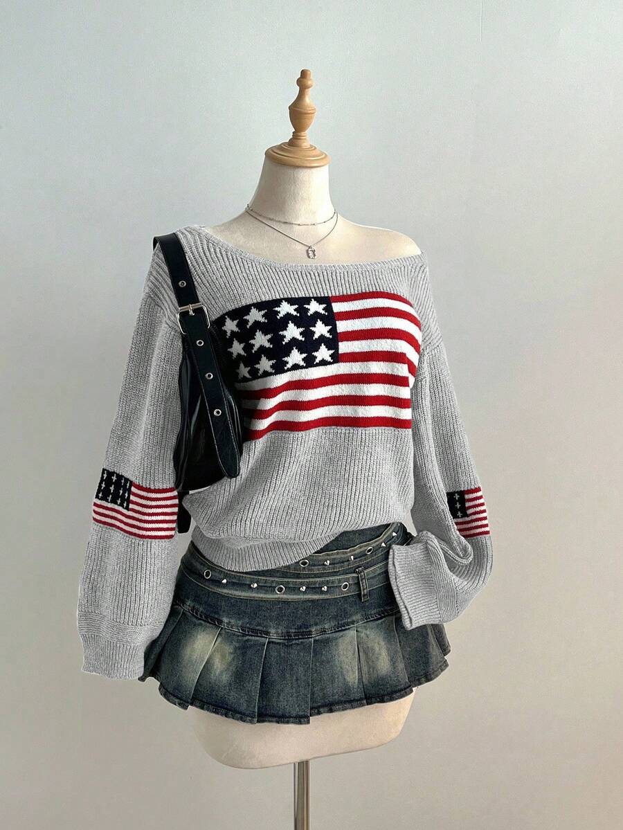 Flirla Women's Casual Flag Pattern Jacquard Knit Sweater, Autumn/Winter - Multicolor - View 1
