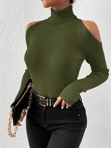 SHEIN Clasi Plus Size Winter Turtleneck Sweater,Olive Green,Autumn,Smart Casual,Date Night,Shoulder Cut-Out Design,Elegant Women Fall Basic Top For Party,Vacation - Army Green - View 5
