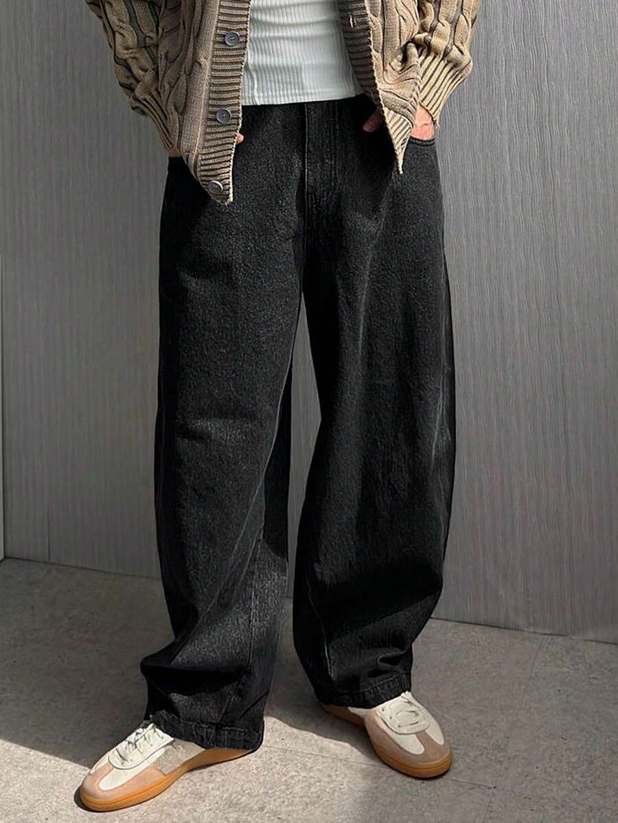 DAZY Men's Black Raw Denim Wide Leg Cocoon Jeans, Autumn