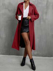 SHEIN Clasi Women's Solid Color Lapel NeckLong Sleeve Casual Long Trench Coat, Autumn - Burgundy - View 4