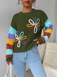 EMERY ROSE Casual Colorblock Striped 3D Floral Decor Sweater, Autumn/Winter