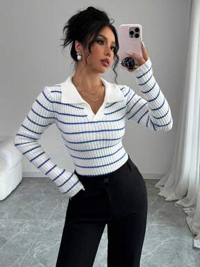 Elenzga petite Women's Classic Striped Fashionable Polo Collar Turndown Collar Fitted Cropped Knit Pullover Sweater Top, Autumn/Winter