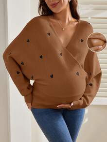 SHEIN Pregnant Women's Casual Heart Embroidery Batwing Sleeve Wrap Sweater, Autumn/Winter