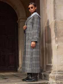 Athîral 女式格纹落肩长款连帽纽扣前开襟长款风衣 - 彩色 - 查看 5