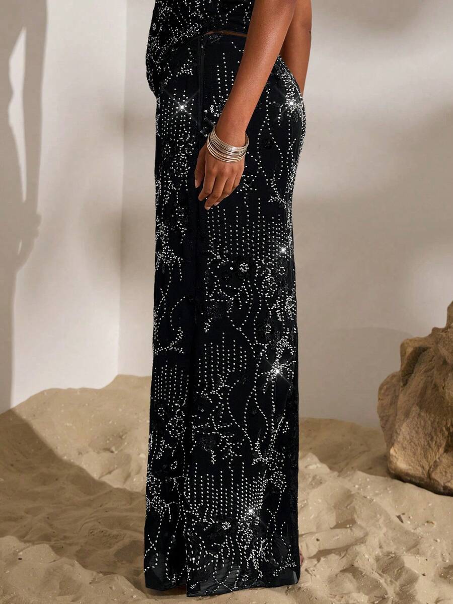 Opulessa Váy đuôi cá thêu màu trơn đơn giản dành cho nữ - màu đen - Xem 1