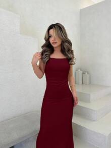 Jemour 优雅纯色性感露背系带设计无袖正式礼服女式海滩夏季连衣裙 - 酒紅色 - 查看 4