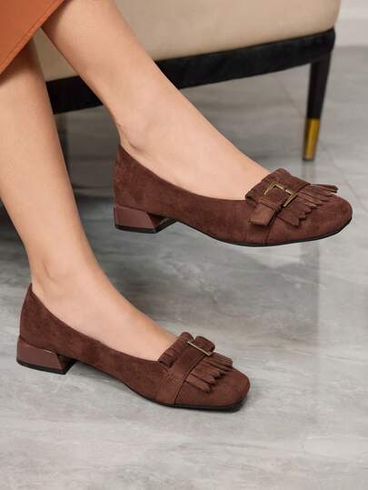 Sleekvia 1 Pair Solid Color Tassel Minimalist Loafers, Square Toe Low Heel Commuter Shoes, Elegant French Retro Plain Slip-On