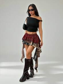 SHEIN PETITE 不对称格子拼布百褶裙，节日气氛，圣诞节和新年红色格子拼布 - 彩色 - 查看 11