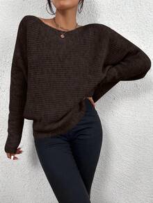 EMERY ROSE Solid Color Asymmetric-Shoulder Loose Fit Pullover Knit Sweater - Coffee Brown - View 3