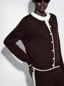 Lumivelle Women's Brown & Beige Contrast Color Round Neck Short Cardigan Paired With Wide Leg Pants - Multicolor - View 3