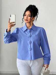 Elenzga Große Größen Blumen Knopf Kragen einfarbige Strickjacke, elegante Bluse - Blau - Übersicht 3