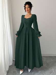 Modelyn Đầm midi kiểu Pháp thanh lịch, cổ tim tay dài, buộc eo, màu trơn dành cho nữ - Màu xanh lá cây đậm - Xem 3