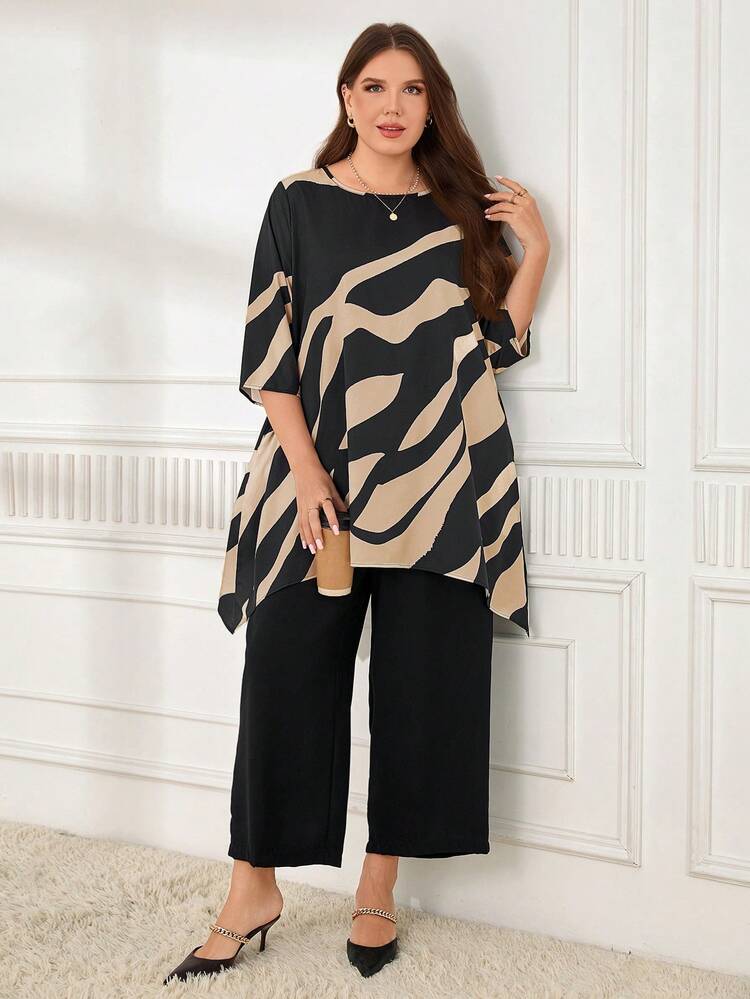 2pcs Plus Fashion Granny Fall Clothes Curvethanksgiving Women Outfit Size Casual Contrast Color Asymmetric Hem Top And Pants Set, Autumn